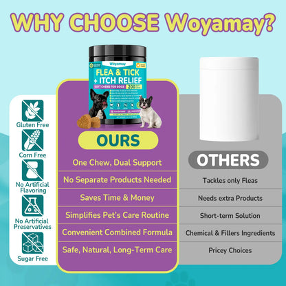 Woyamay Flea & Tick + Itch Relief for Dogs Chewables 200 Soft Chews Chicken Flavor Natural Flea Defense & Skin Repair for All Breeds Daily Supplement #Summeressentials ##Summervibes #Petllover