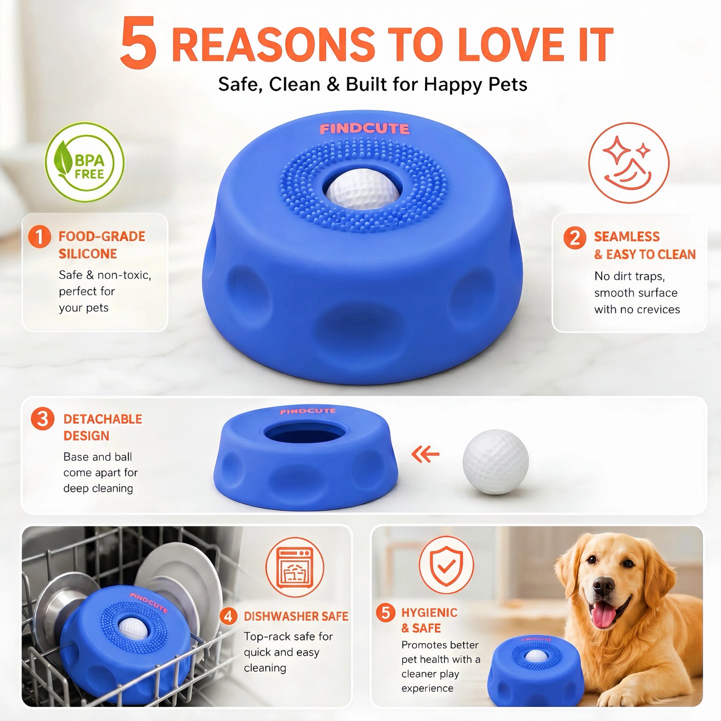 FINDCUTE 3-In-1 Slow Feeder Dog Lick Bowl Made of Food-Grade Silicone – Hygienic Seamless Surface with No Crevices, Base & Ball Detachable for Deep Cleaning, Perfect for Fast Eaters to Reduce Bloat, Safe for Wet Food Dry Kibble Yogurt Puree & Bone Broth