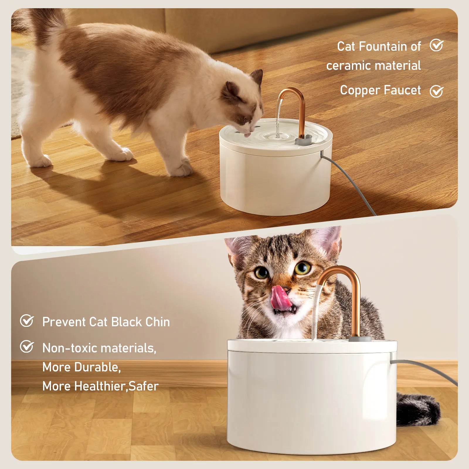 Summervibes Petlovers MISFANS 2.1L Ceramic Cat Fountain Ultra-Quiet Easy-Clean Automatic Water Bowl Feeder with Dual Filtration System Bpa-Free Natural Craftsmanship|Wired Plug-In Model