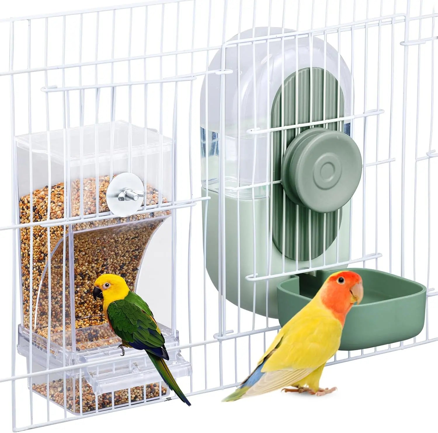 2PCS Water and Feeder Set, Parakeet Cage Additions, Parrot Seed Food Container and Water Dispenser for Siskins, Lovebirds, Parrotlets and Canaries
