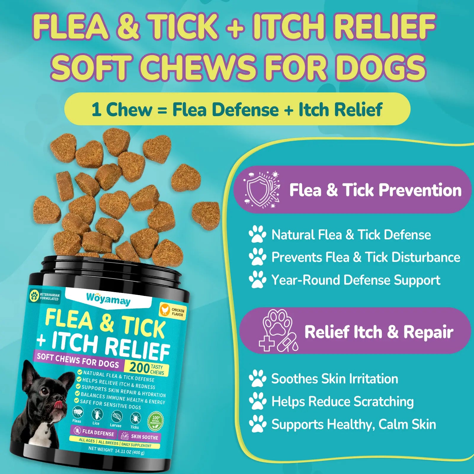 Woyamay Flea & Tick + Itch Relief for Dogs Chewables 200 Soft Chews Chicken Flavor Natural Flea Defense & Skin Repair for All Breeds Daily Supplement #Summeressentials ##Summervibes #Petllover