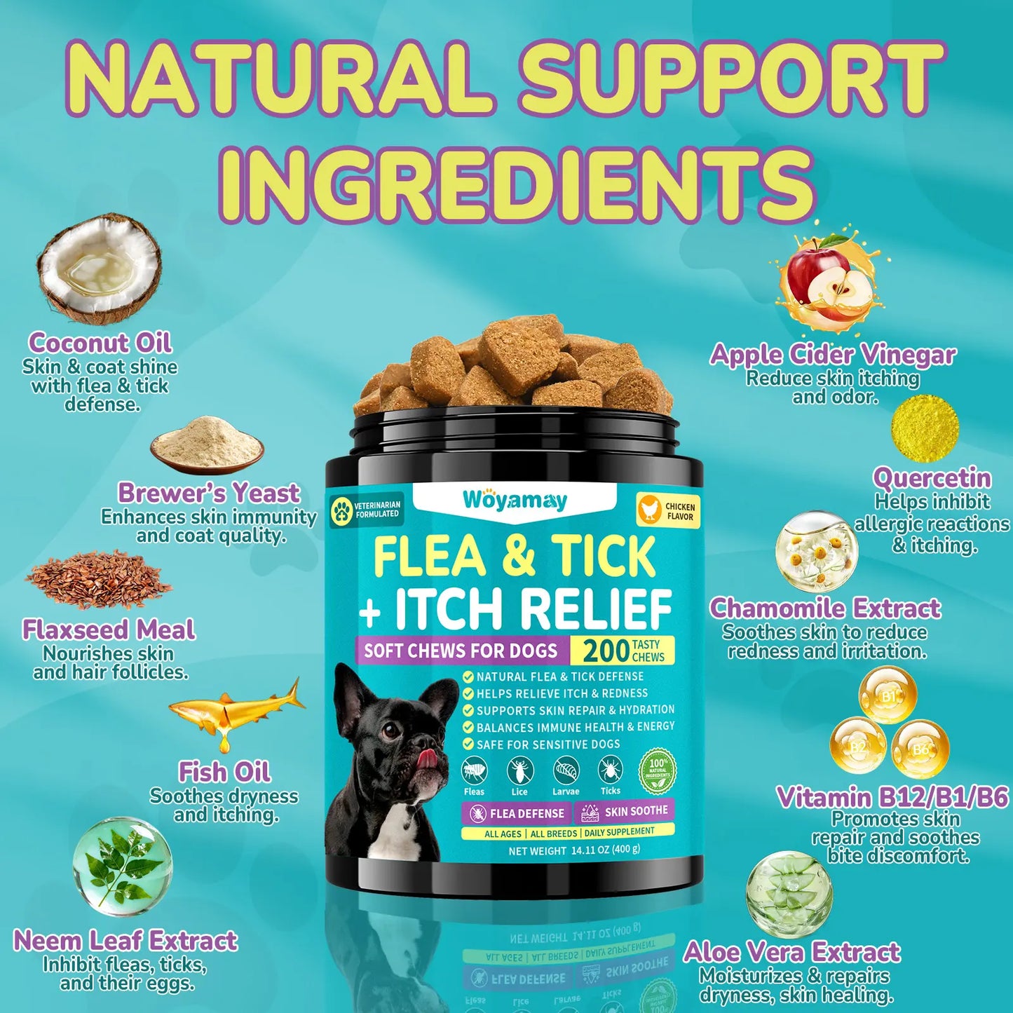 Woyamay Flea & Tick + Itch Relief for Dogs Chewables 200 Soft Chews Chicken Flavor Natural Flea Defense & Skin Repair for All Breeds Daily Supplement #Summeressentials ##Summervibes #Petllover