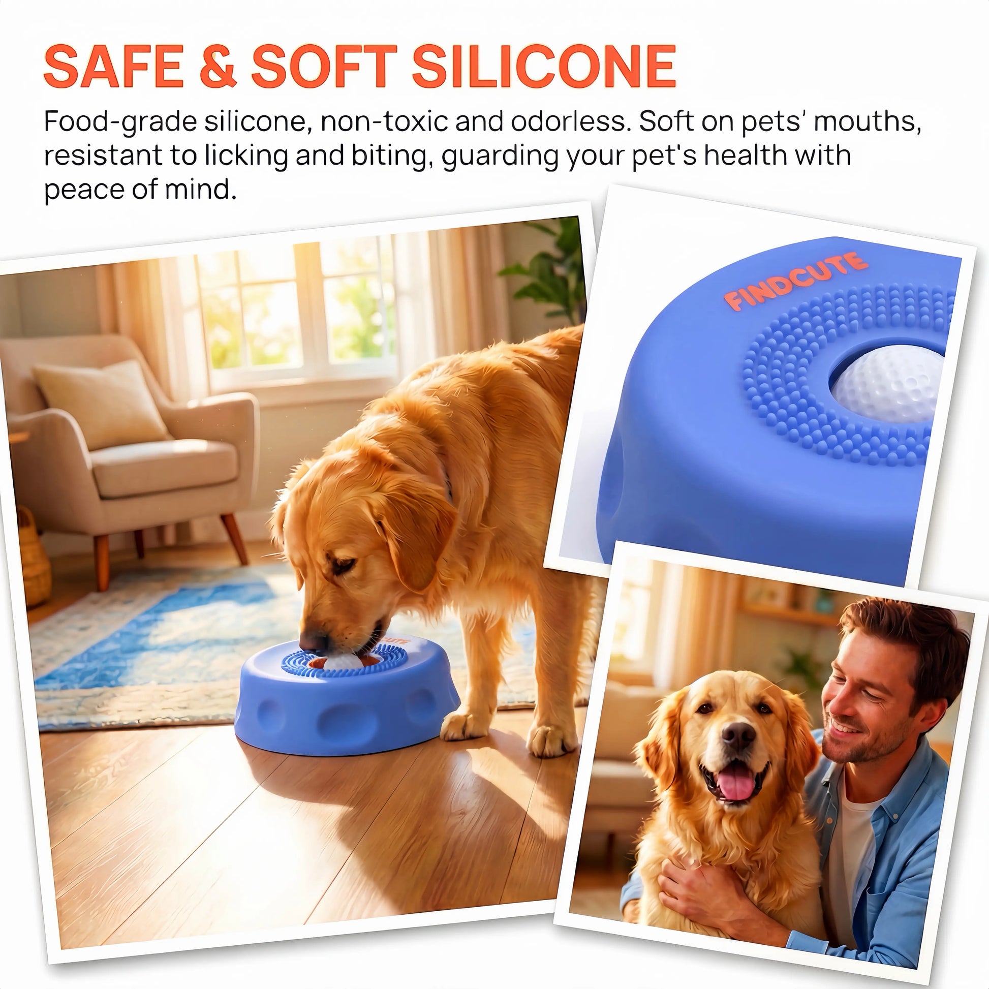 FINDCUTE 3-In-1 Slow Feeder Dog Lick Bowl Made of Food-Grade Silicone – Hygienic Seamless Surface with No Crevices, Base & Ball Detachable for Deep Cleaning, Perfect for Fast Eaters to Reduce Bloat, Safe for Wet Food Dry Kibble Yogurt Puree & Bone Broth