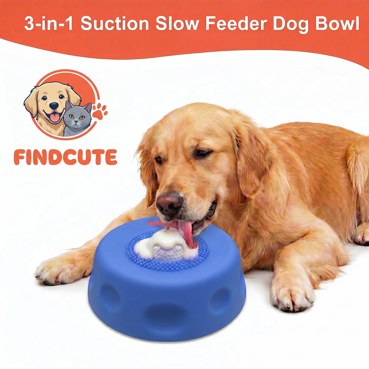 FINDCUTE 3-In-1 Slow Feeder Dog Lick Bowl Made of Food-Grade Silicone – Hygienic Seamless Surface with No Crevices, Base & Ball Detachable for Deep Cleaning, Perfect for Fast Eaters to Reduce Bloat, Safe for Wet Food Dry Kibble Yogurt Puree & Bone Broth
