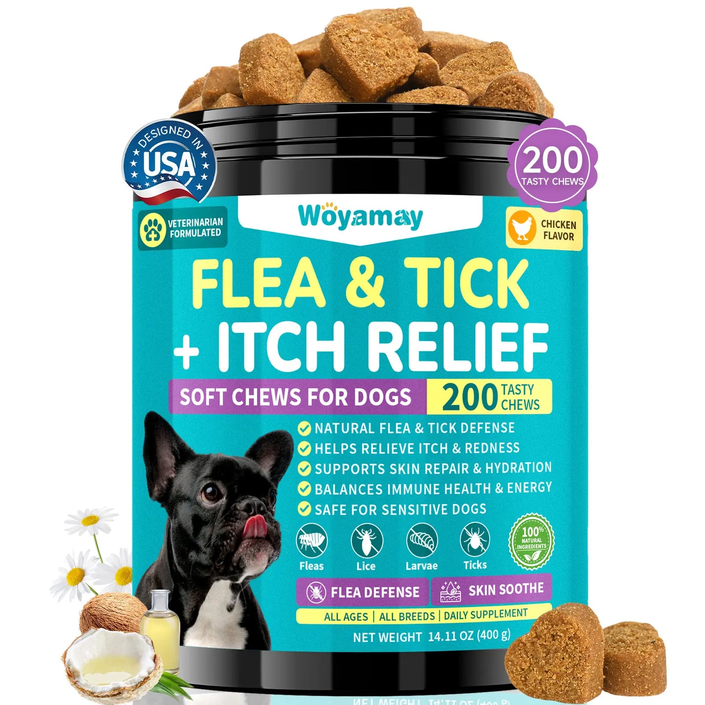 Woyamay Flea & Tick + Itch Relief for Dogs Chewables 200 Soft Chews Chicken Flavor Natural Flea Defense & Skin Repair for All Breeds Daily Supplement #Summeressentials ##Summervibes #Petllover