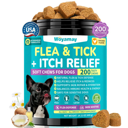 Woyamay Flea & Tick + Itch Relief for Dogs Chewables 200 Soft Chews Chicken Flavor Natural Flea Defense & Skin Repair for All Breeds Daily Supplement #Summeressentials ##Summervibes #Petllover