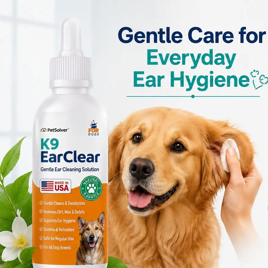 K9 Earclear Natural Ear Drops for Dogs - Soothes Irritation & Itching - Made in USA - Pet Grooming Supplement - 1Oz Dropper Bottle