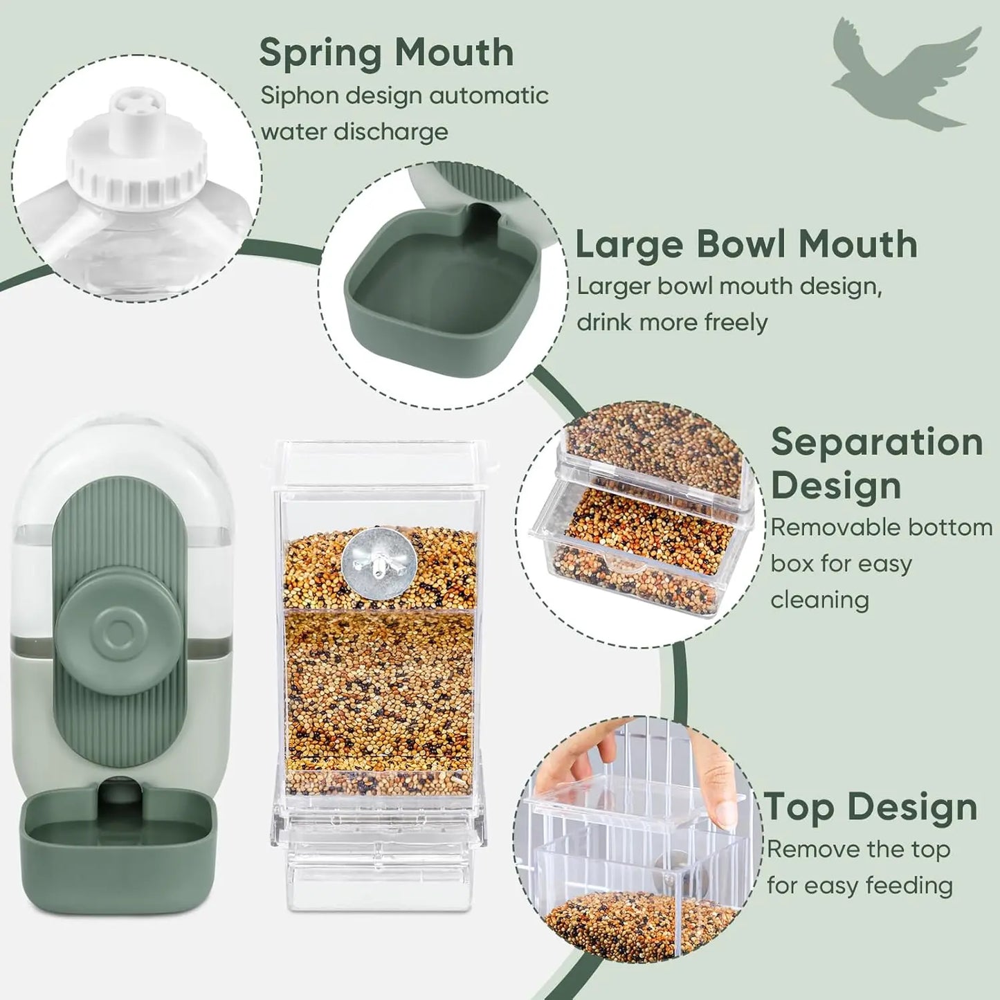 2PCS Water and Feeder Set, Parakeet Cage Additions, Parrot Seed Food Container and Water Dispenser for Siskins, Lovebirds, Parrotlets and Canaries