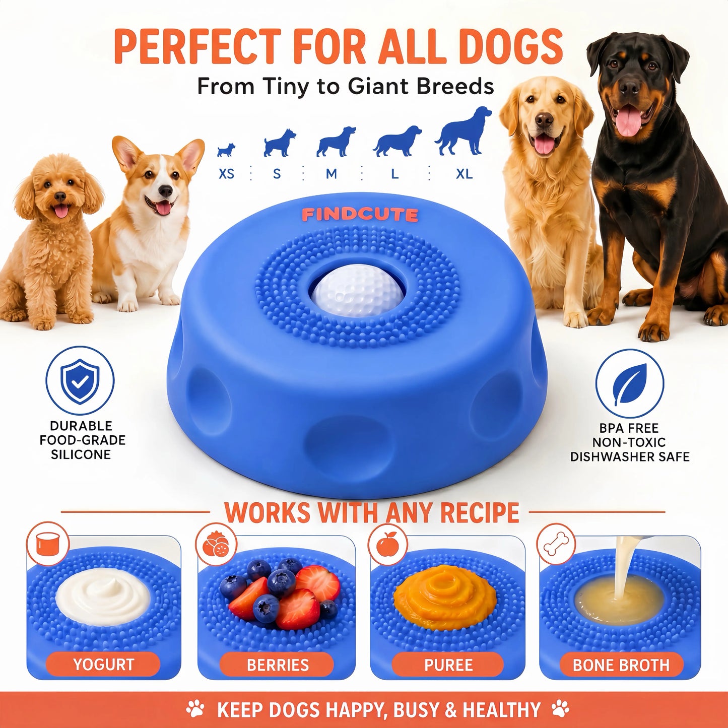 FINDCUTE 3-In-1 Slow Feeder Dog Lick Bowl Made of Food-Grade Silicone – Hygienic Seamless Surface with No Crevices, Base & Ball Detachable for Deep Cleaning, Perfect for Fast Eaters to Reduce Bloat, Safe for Wet Food Dry Kibble Yogurt Puree & Bone Broth