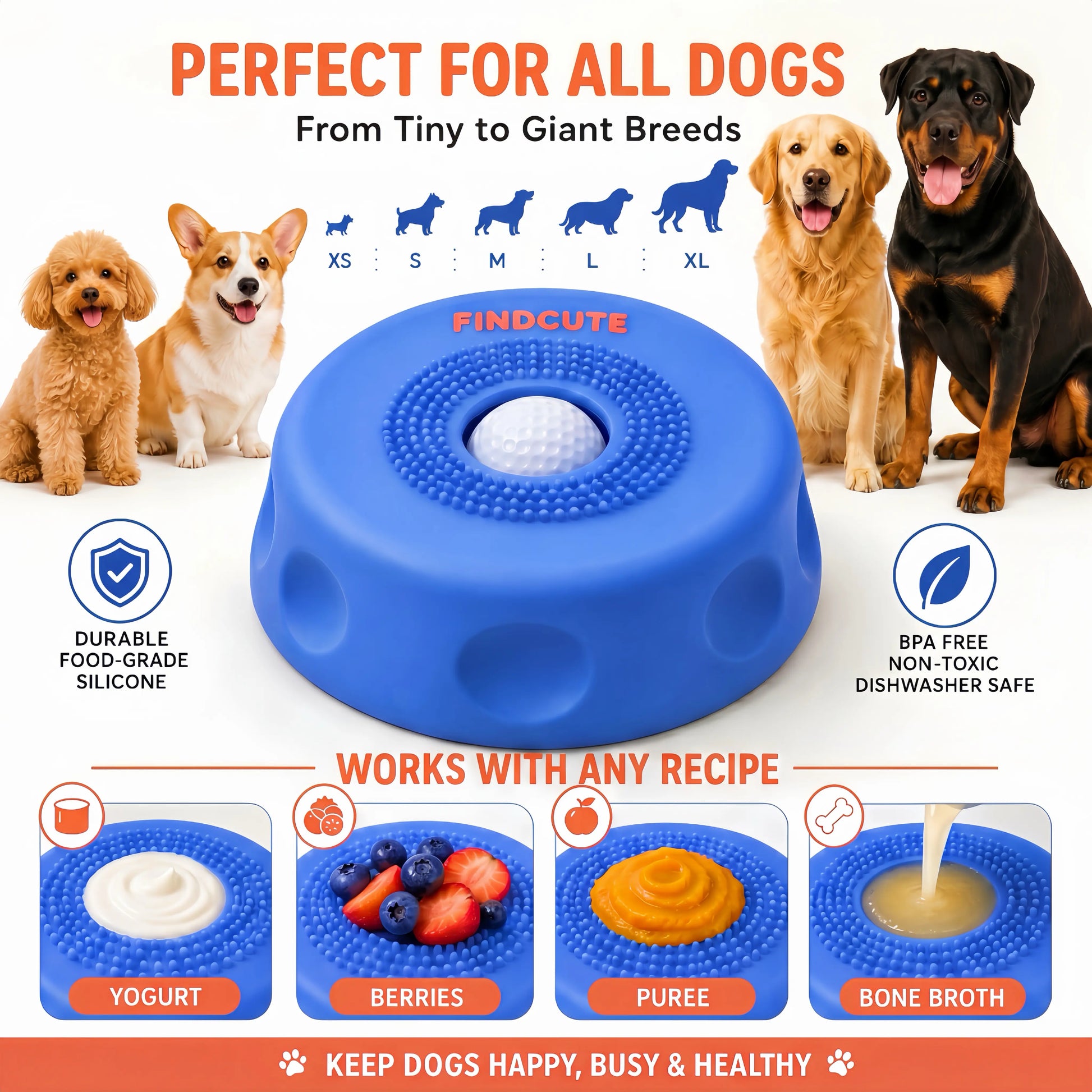 FINDCUTE 3-In-1 Slow Feeder Dog Lick Bowl Made of Food-Grade Silicone – Hygienic Seamless Surface with No Crevices, Base & Ball Detachable for Deep Cleaning, Perfect for Fast Eaters to Reduce Bloat, Safe for Wet Food Dry Kibble Yogurt Puree & Bone Broth